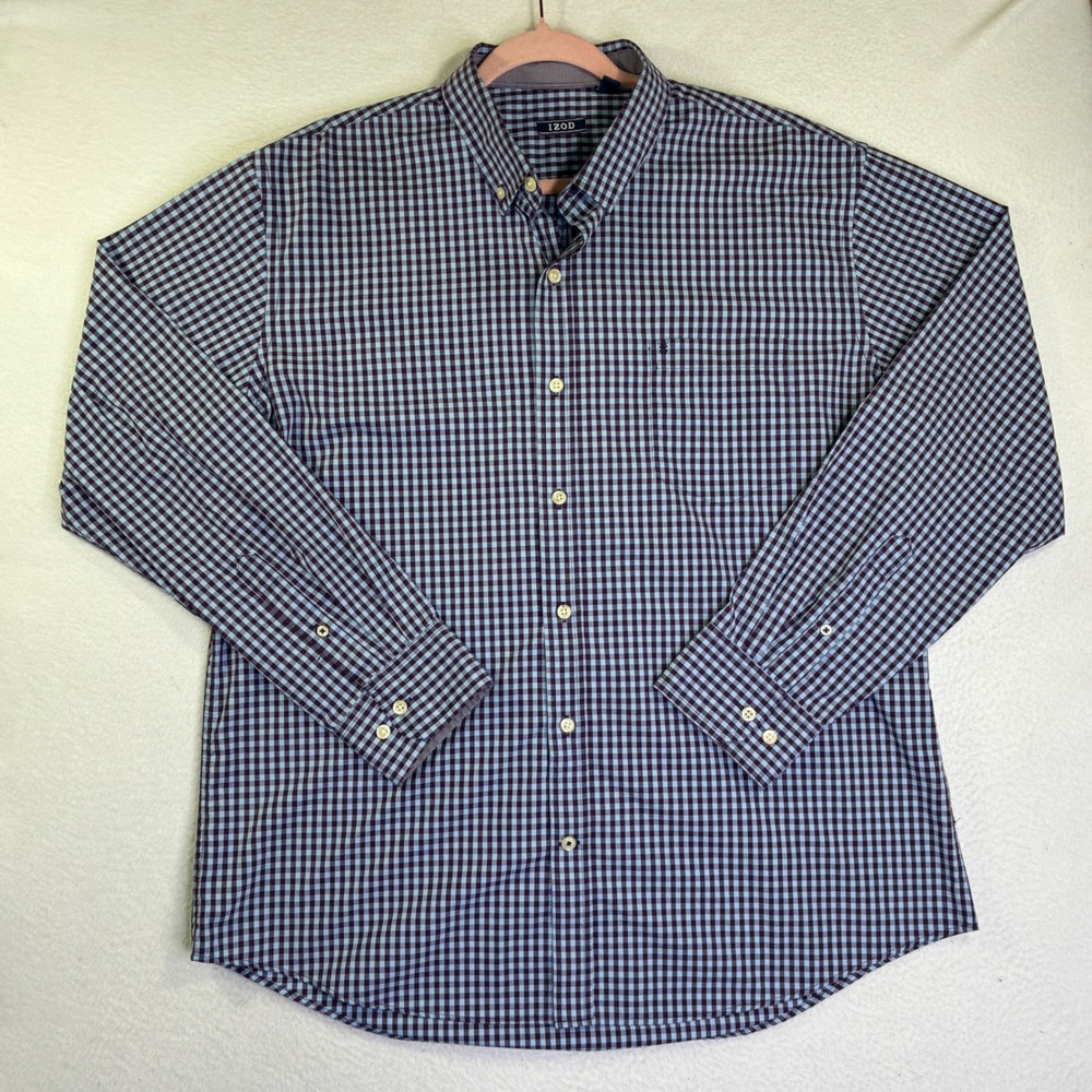 Izod Mens XL Long Sleeve Gingham Button Down Shirt Blue Burgundy Check